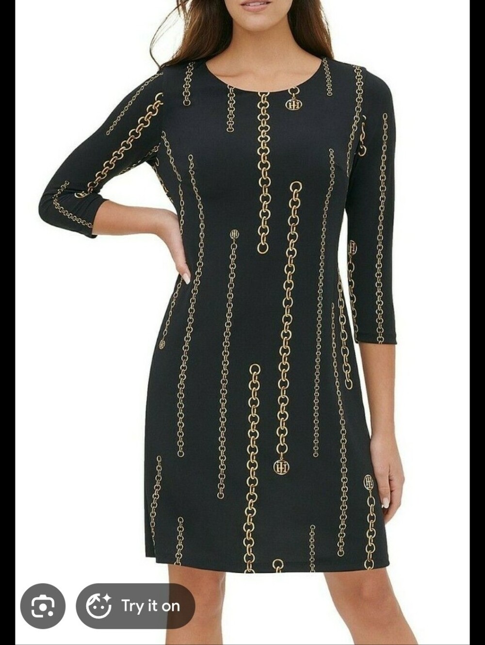 Tommy Hilfiger Black Dress with Gold Chain Print, 3/4 Sleeve